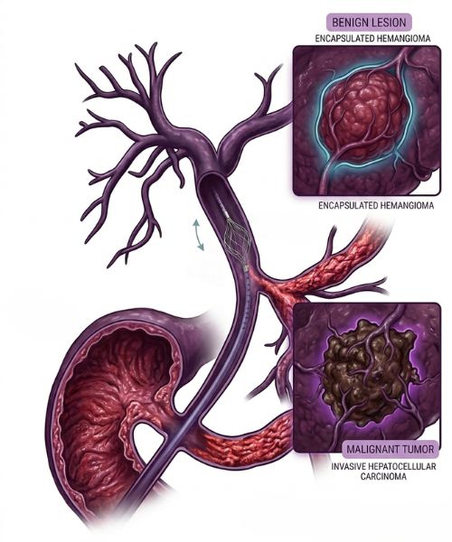 Medical illustration of common benign liver lesions