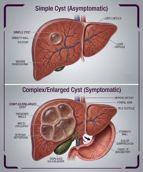 Medical illustration of a fluid-filled liver cyst